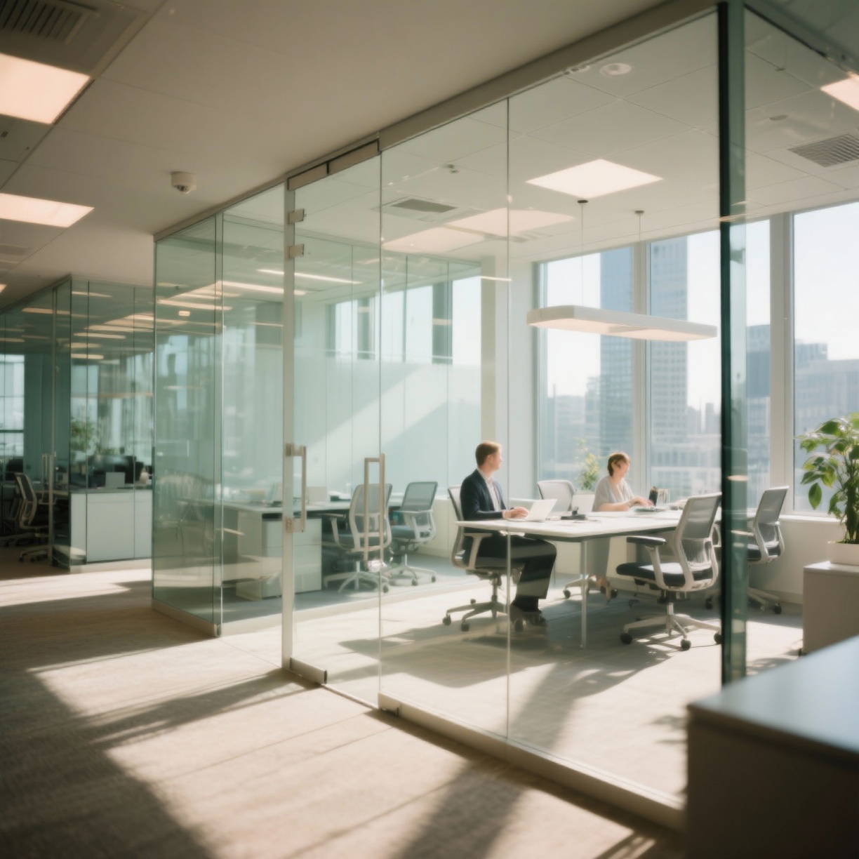 Sunlit corporate office remodel, glass walls, ergonomic furniture, wide-angle shot, bright and airy.