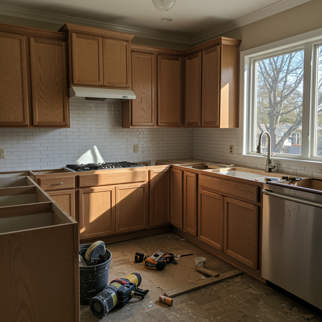 Sunlit kitchen mid-remodel; cabinets half-installed, tools scattered, morning light.