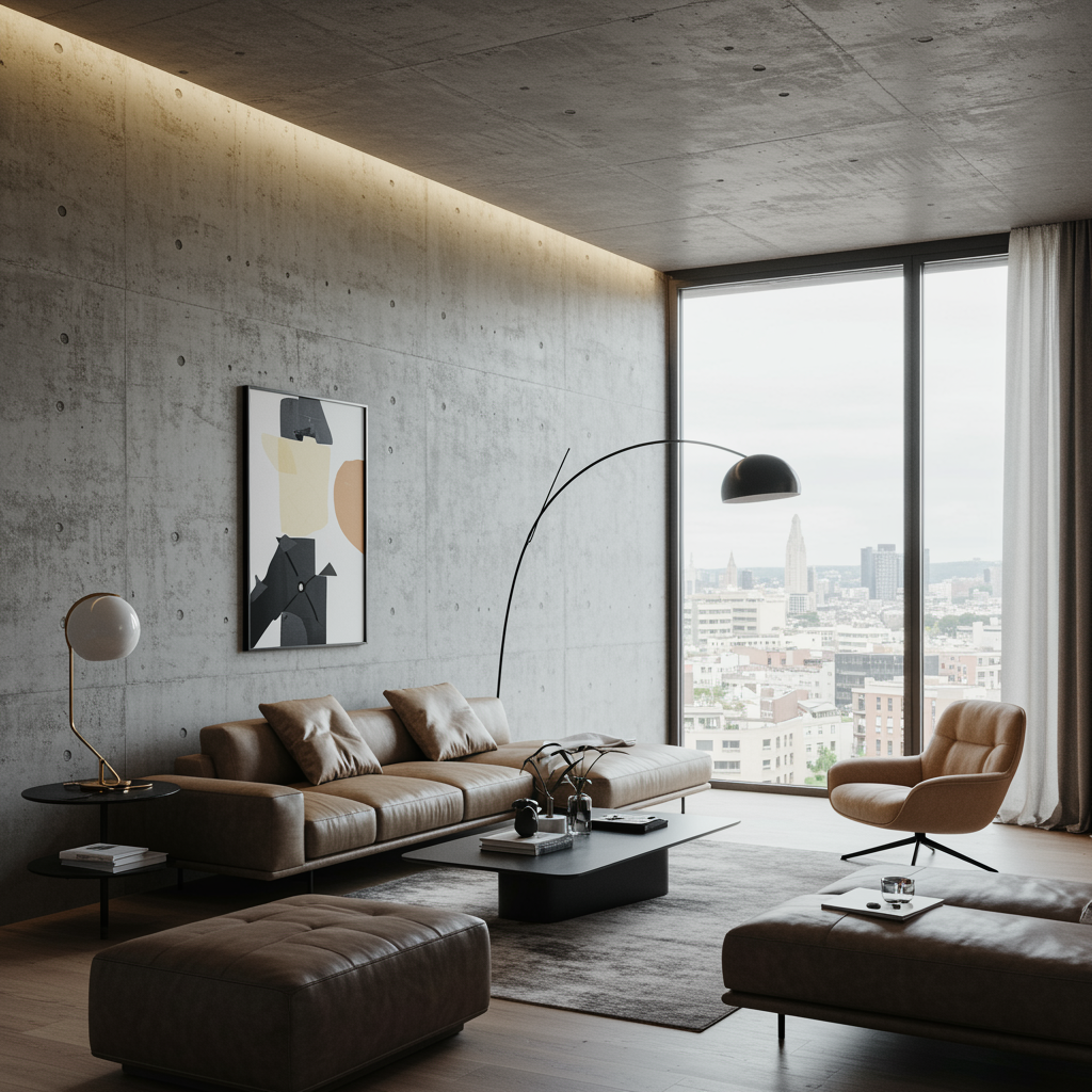 Modern living room remodel, minimalist design, concrete walls, large windows, city view, sleek furniture.
