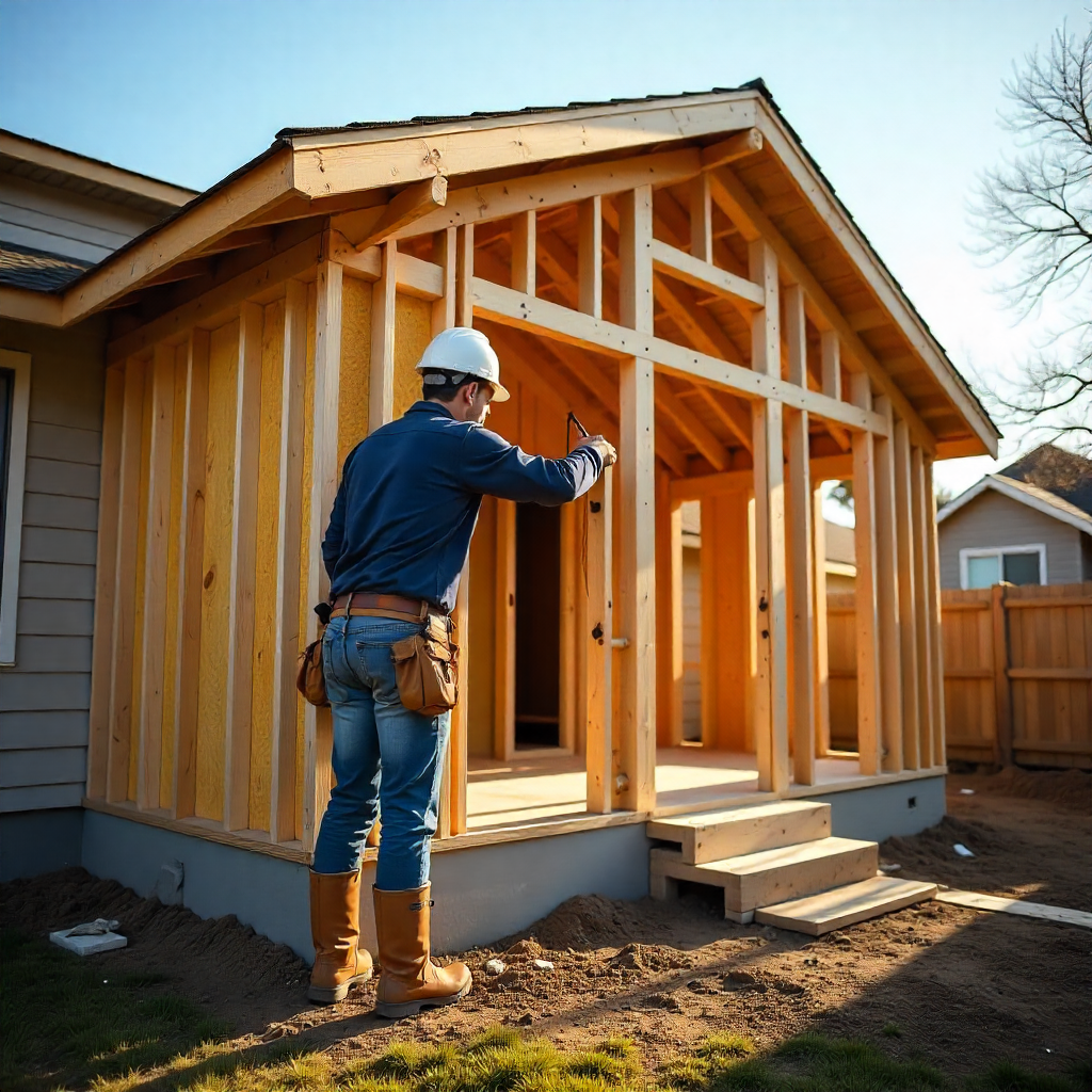 A construction worker wearing a hard hat and work boots constructing a wooden frame addition to a suburban home during a sunny afternoon. The addition is unpainted. With the home addition being fully visible and the house it is attached to being partially visible.