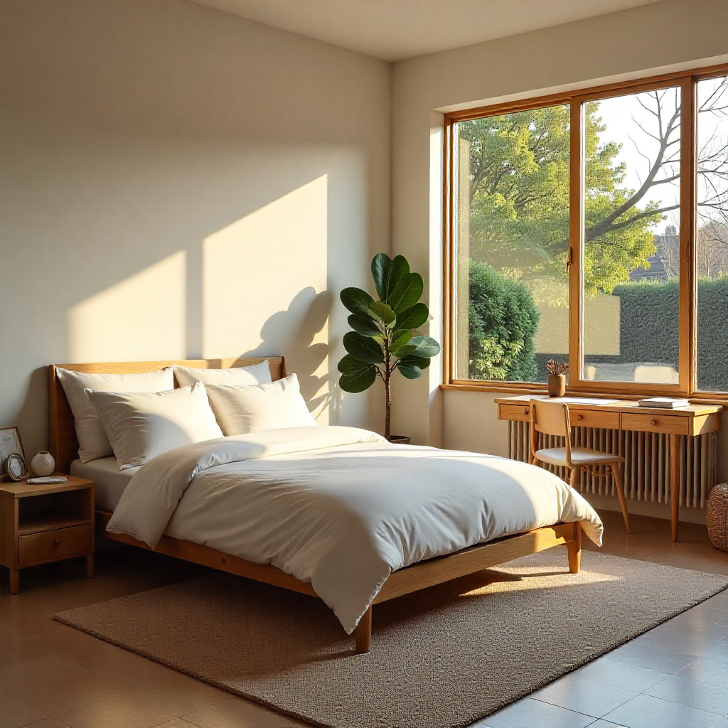 A minimalist bedroom conversion in a sun-drenched loft, featuring a queen-sized platform bed with white linen, a potted fiddle-leaf fig, and a blonde wood desk under a large window overlooking a backyard at golden hour.