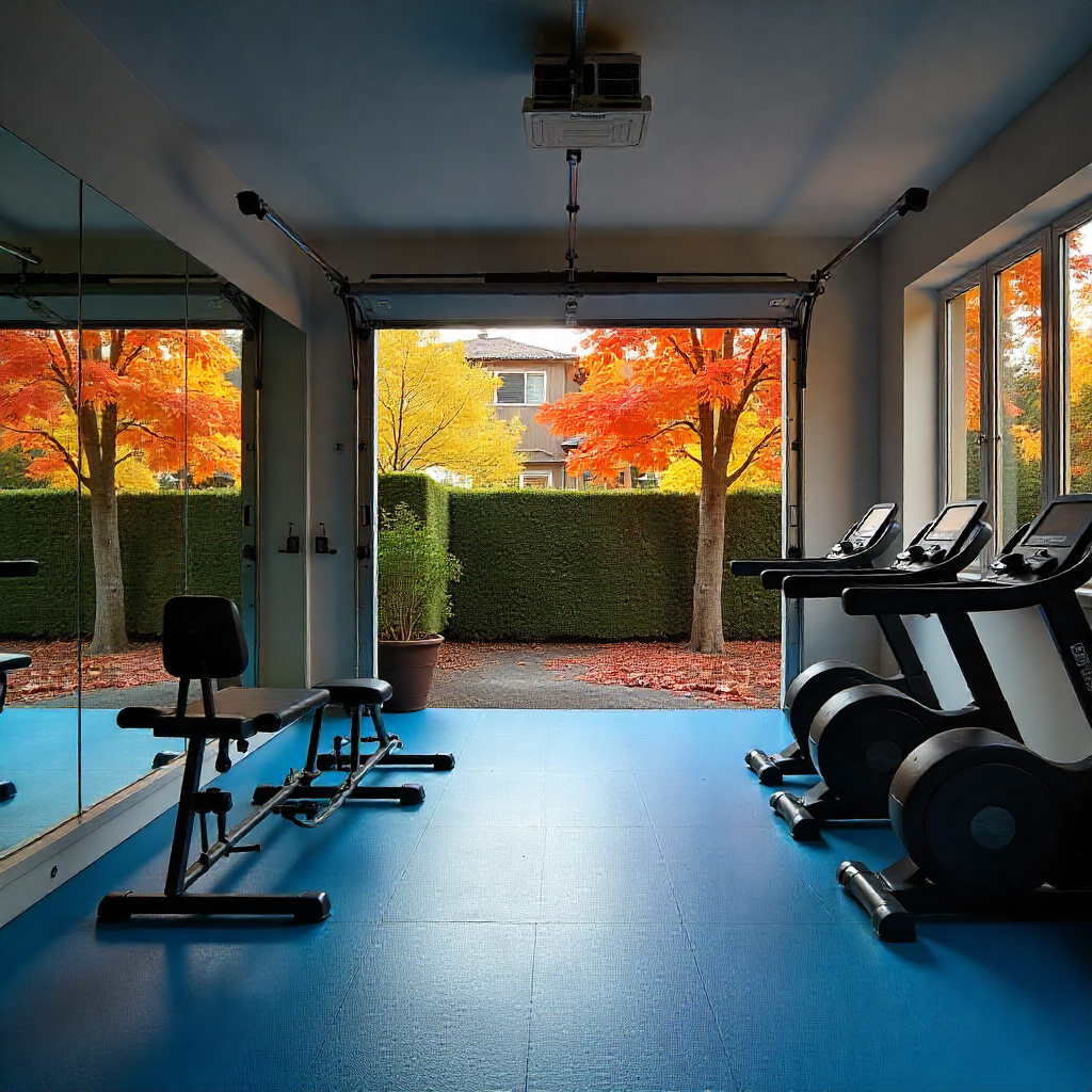 A sleek garage conversion into a home gym on a sunny autumn day. The bright light reflects off the mirrored walls, showcasing the modern exercise machines and blue rubber flooring. Outside, a clear view of the colorful fall foliage with a mix of red, orange, and yellow leaves.