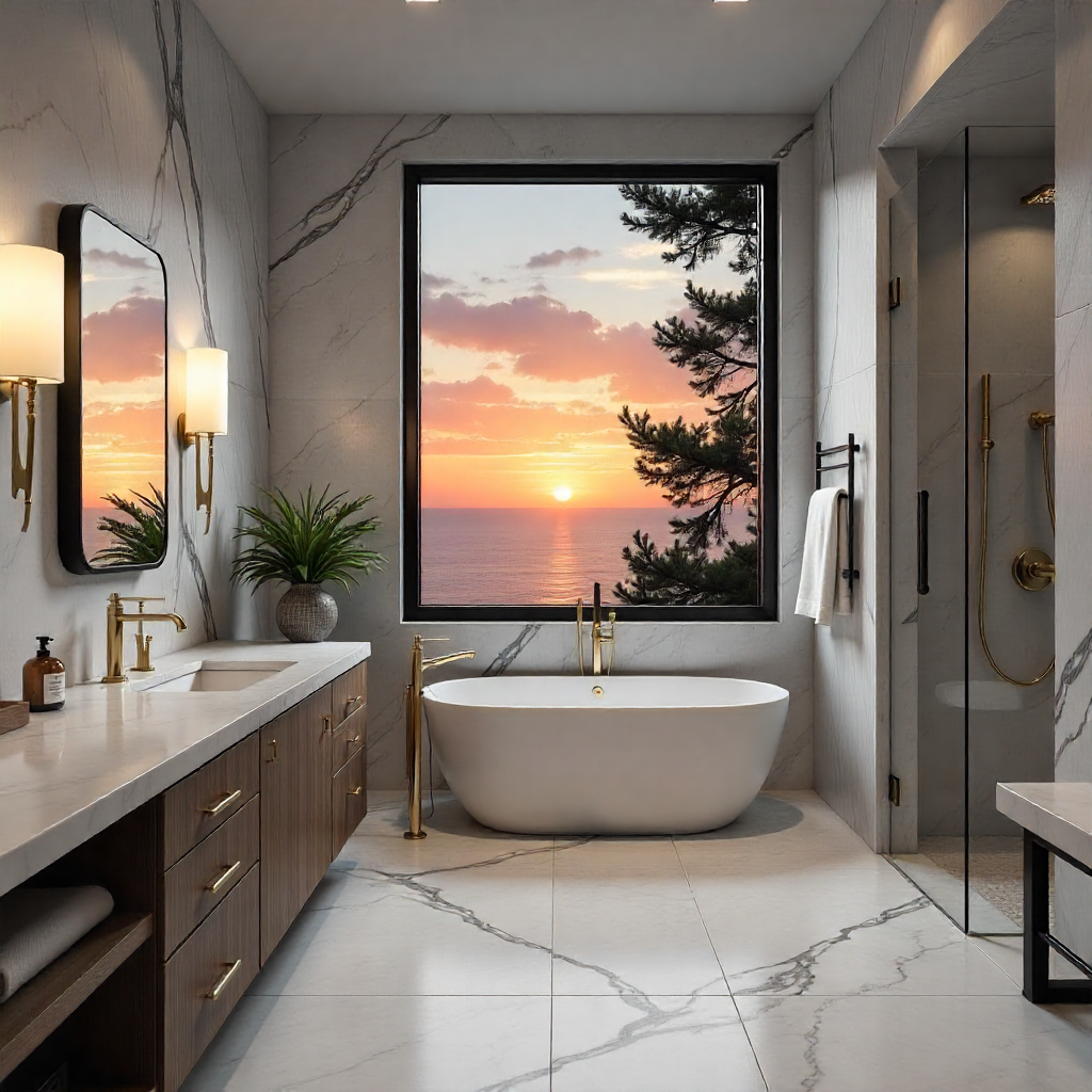 A luxurious bathroom remodel with marble countertops, a jacuzzi tub, and gold-plated fixtures, set against a backdrop of a vibrant sunset.