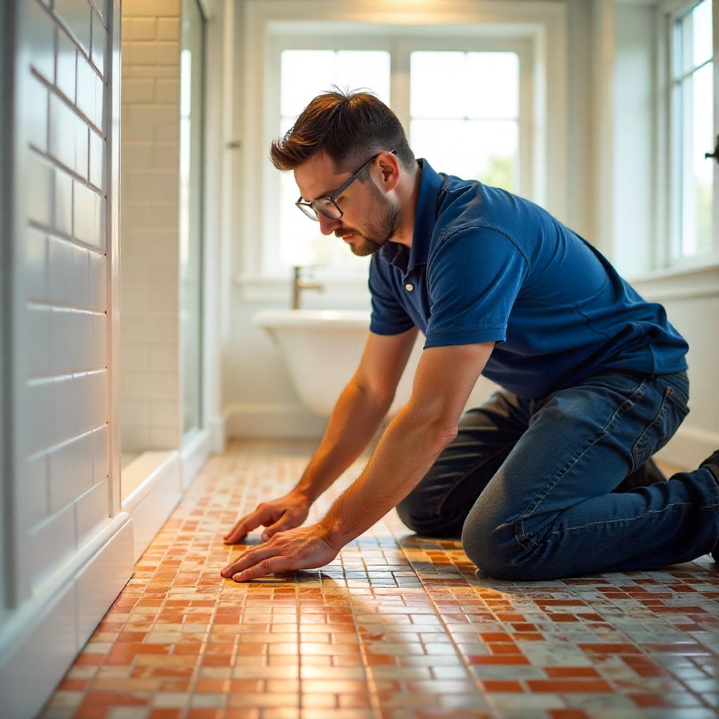 Bathroom remodeling: Custom mosaic tile flooring installation in a brightly lit, modern bathroom with white subway tiles, a glass shower enclosure, and an installer in his 30s wearing a blue work shirt and safety glasses.