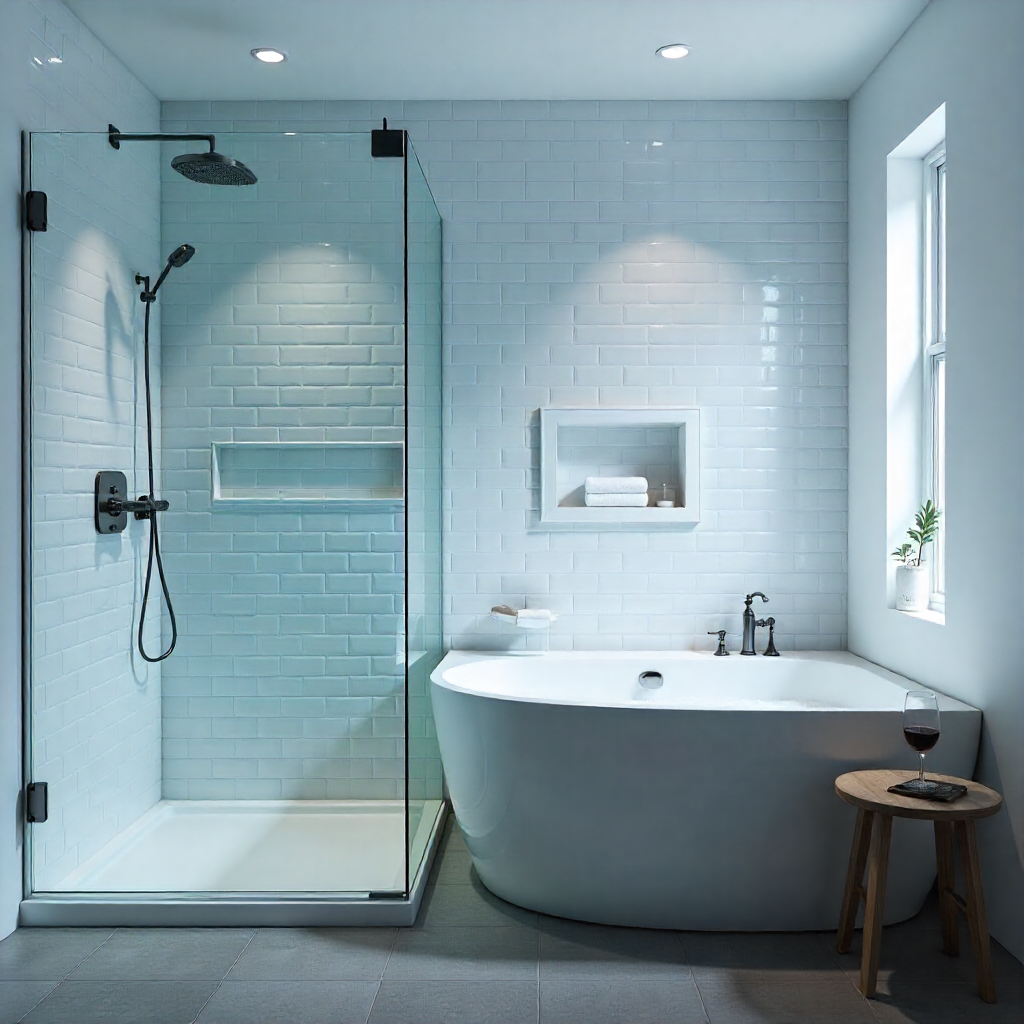 Bathroom remodeling: A modern bathroom featuring a walk-in shower with frameless glass doors and a freestanding bathtub. The walls are tiled with white subway tiles, and the floor is covered in gray porcelain tiles. A chrome rainfall showerhead and handheld sprayer are installed. The bathtub is filled with bubbles, and a glass of wine sits on a small wooden stool nearby.