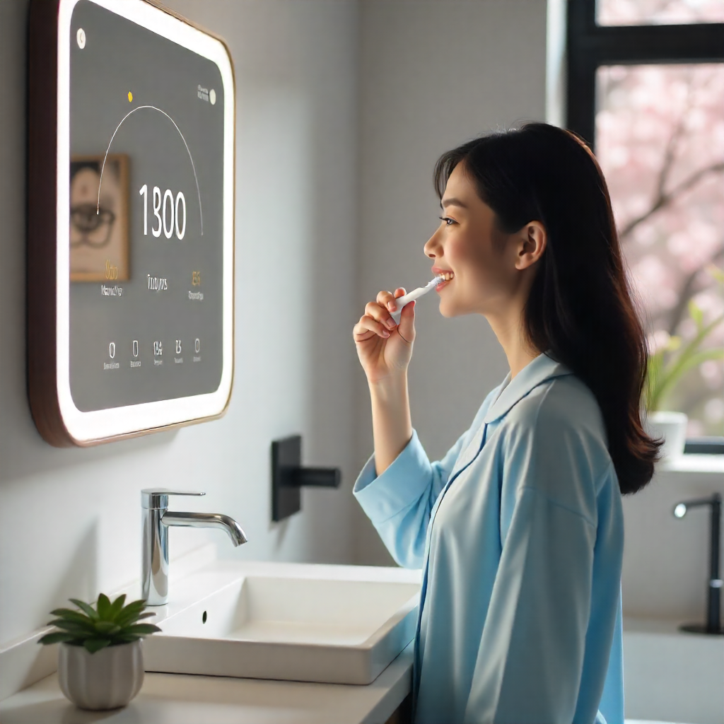 A high-tech smart home bathroom in a minimalist style, set in spring with blooming cherry blossoms visible outside. The smart mirror displays health stats, and a young woman with black hair is brushing her teeth, wearing a light blue silk pajama set.