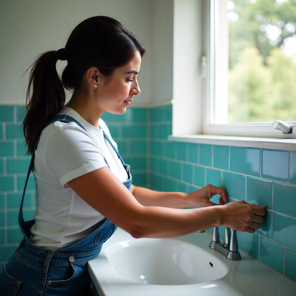 Bathroom remodeling: Close-up of a woman installing glossy, ocean-blue ceramic tiles as a backsplash in a brightly lit bathroom. The time is midday, summer, with sunlight streaming through a window. She wears denim overalls and a white t-shirt, her dark hair pulled back in a ponytail.