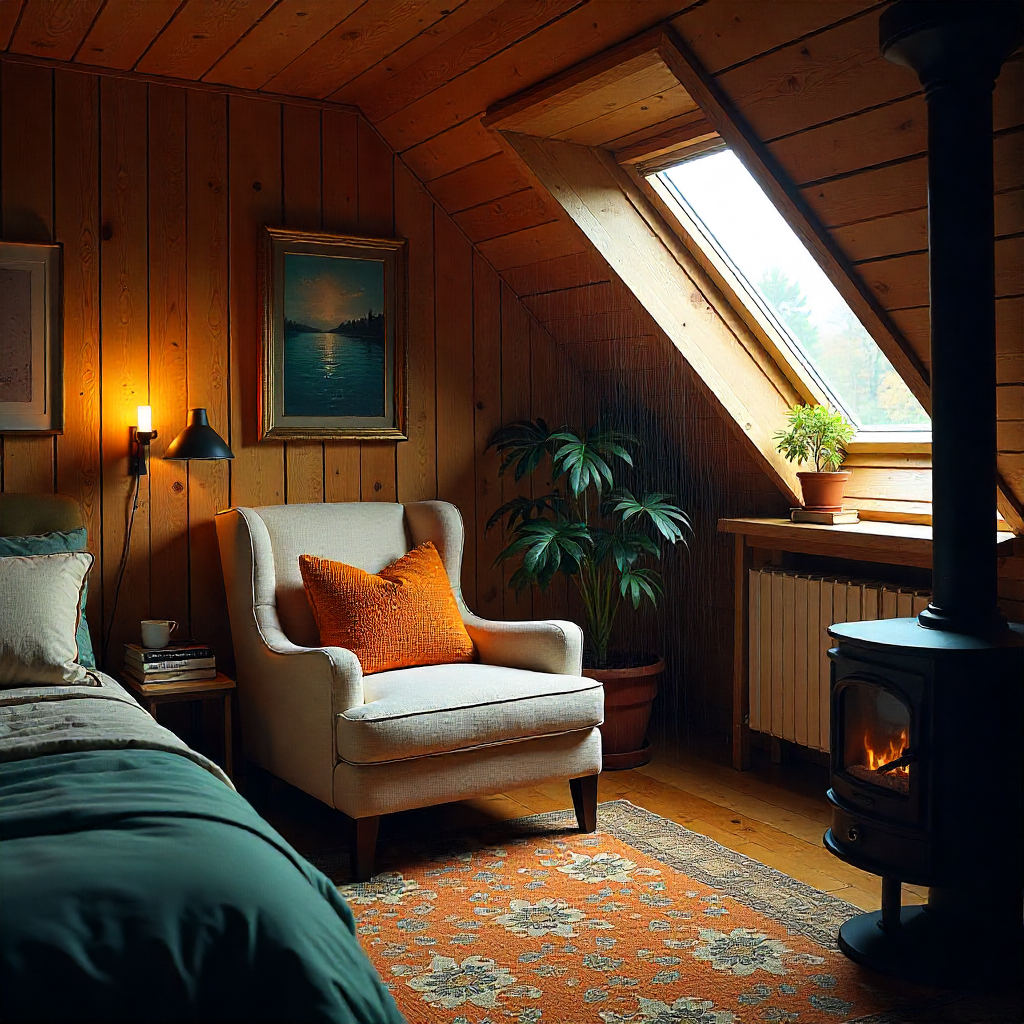 Cozy attic bedroom conversion during a rainy autumn afternoon; raindrops streak the skylight, casting diffused light; walls paneled in reclaimed wood, a plush armchair by a small fireplace, a stack of books on a rustic side table.