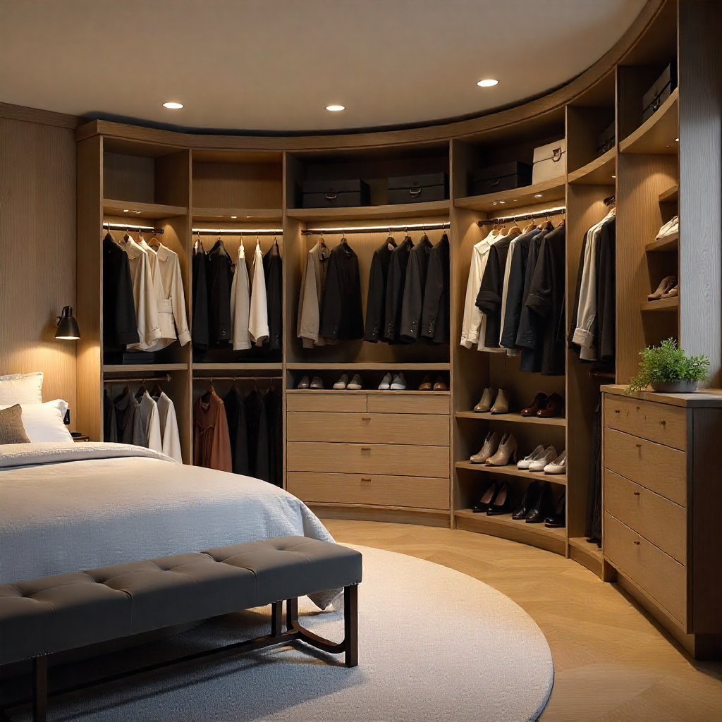 Guest bedroom conversion to a walk-in closet: Custom-built shelving and hanging rods fill the room, showcasing a curated collection of clothing, shoes, and accessories. A central island with drawers and a velvet-covered bench. Warm, inviting lighting from recessed spotlights.