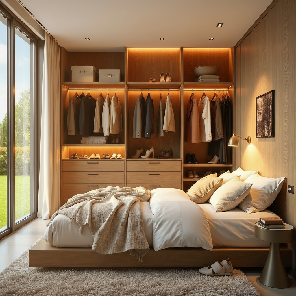 A bedroom conversion into a walk-in closet on a crisp winter morning. Custom shelving and hanging racks display a vast collection of clothing, shoes, and accessories. Mirrored walls and bright lighting enhance the sense of space.