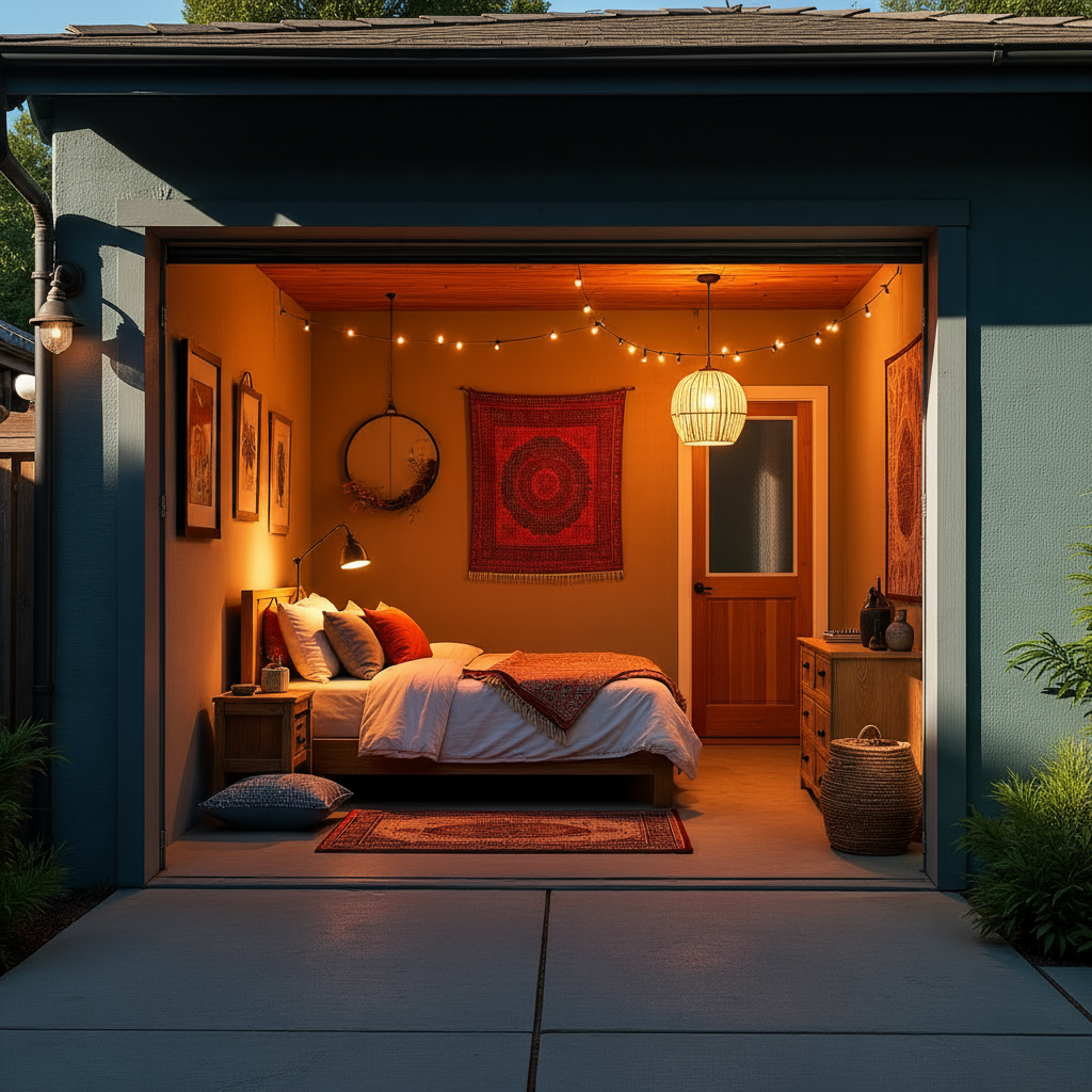 A modern garage conversion into a bedroom at twilight, viewed from the garage door. Soft, ambient lighting inside. The room is decorated in a bohemian style with colorful tapestries, floor cushions, and string lights. A low platform bed with patterned blankets, a vintage rug, and several bookshelves create a relaxed, inviting space.
