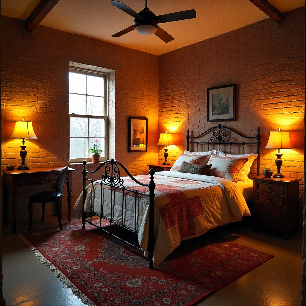 Basement guest bedroom conversion: A cozy, rustic guest bedroom with exposed brick walls, a wrought-iron bed with a patchwork quilt, and a vintage wooden desk. Soft, warm lighting from antique lamps. Concrete floors with a large Persian rug.
