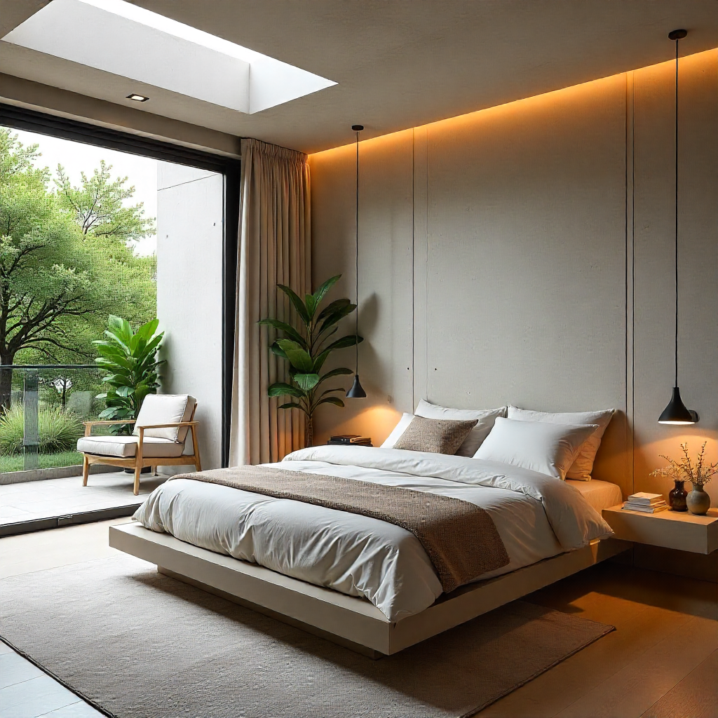A modern master bedroom suite designed with a minimalist aesthetic, featuring a concrete accent wall and a floating bed frame. The room is filled with natural light from a skylight, highlighting the clean lines and neutral color palette.