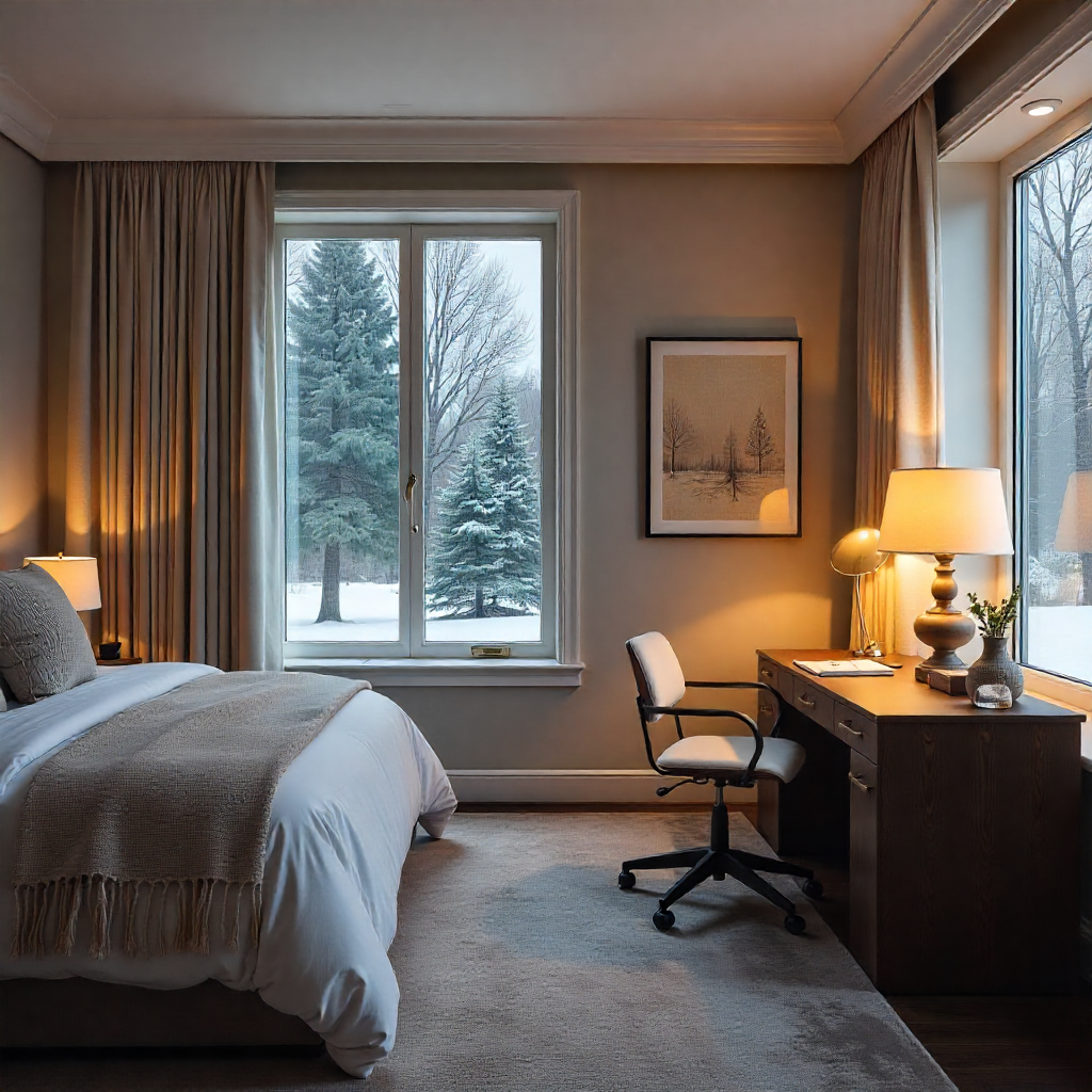 A modern master bedroom suite with a home office during a snowy winter evening, illuminated by soft, ambient lighting. The desk is adorned with a vintage lamp, and the walls are decorated with abstract art.