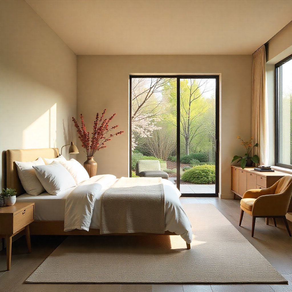 Sleek master bedroom with barrier-free access, wider doorways, and integrated smart home technology for accessibility, illuminated by the warm glow of a spring afternoon.