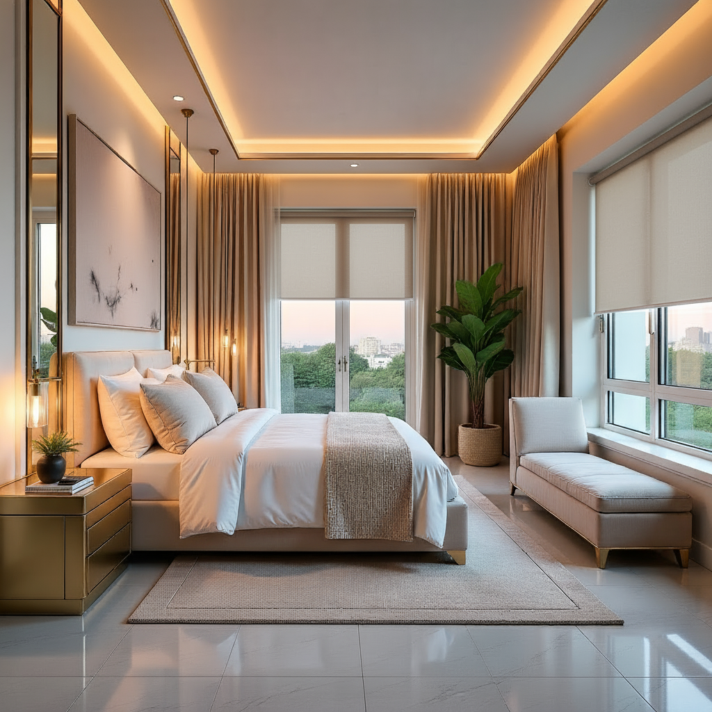 A modern master bedroom with an art deco flair, featuring a gold-plated grab rail, geometric patterns, mirrored accents, a velvet chaise lounge, and soft, diffused lighting during a calm evening.
