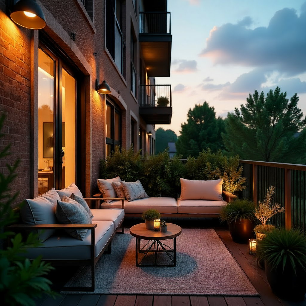 Condo remodeling project focused on a renovated balcony with comfortable seating, potted plants, and string lights, creating a relaxing outdoor space on a warm summer evening.