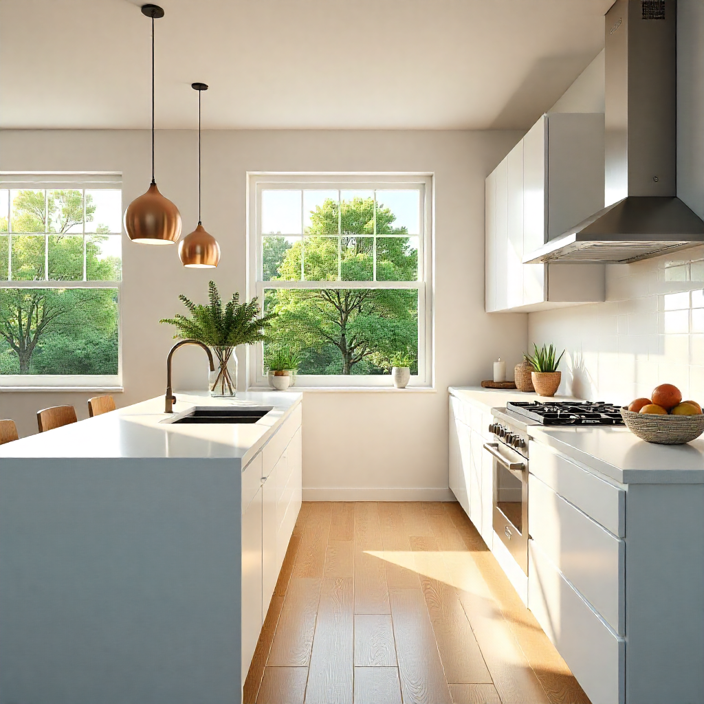 Interior view of a modern condo remodeling project, featuring a sleek, minimalist kitchen with white quartz countertops and stainless steel appliances, bathed in the warm light of a summer afternoon.