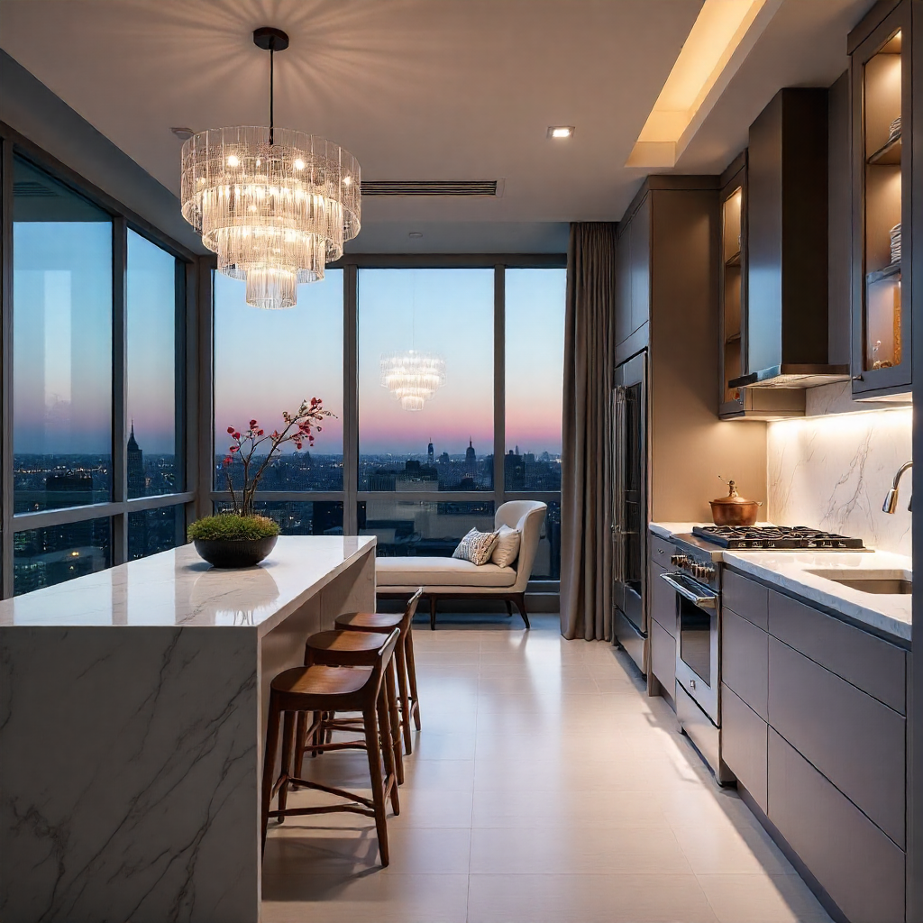 Luxury condo renovation: Statement chandelier, marble countertops, glass-door display cabinets, high-end appliances, elegant furniture, city view, twilight, sophisticated design.