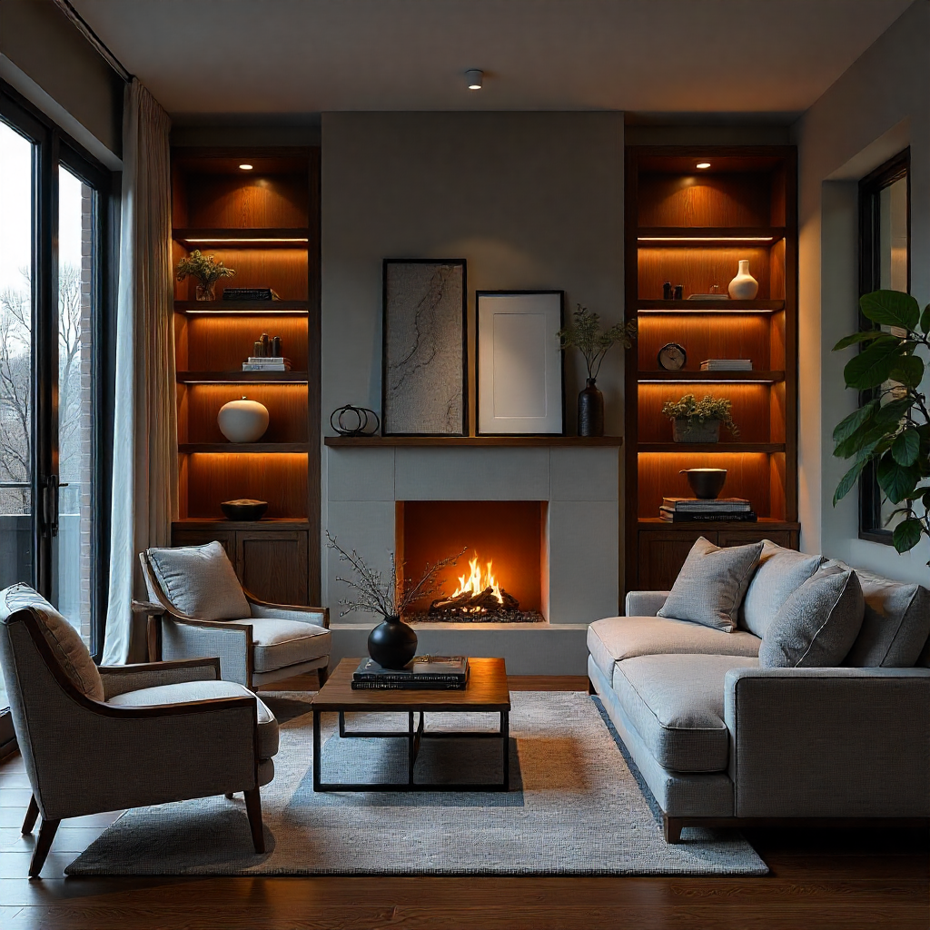 Cozy condo remodel: Warm ambient lighting, dark wood built-in shelves, plush seating, fireplace, soft textures, neutral color palette, rainy evening, creating a relaxing atmosphere.