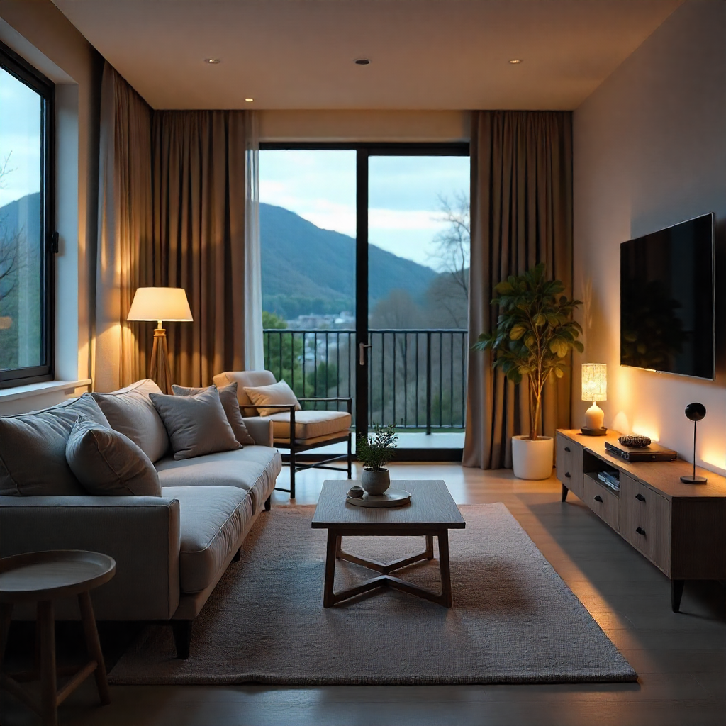 A cozy condo interior tailored for senior citizens, showcasing a comfortable living room with an adjustable-height coffee table, non-slip flooring, and voice-activated smart home devices, illuminated by soft, ambient lighting during a quiet evening.
