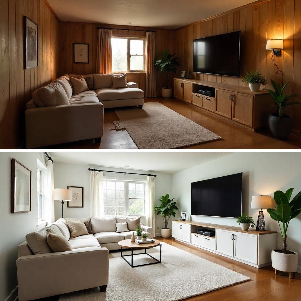 Before: A cramped living room with dark wood paneling, a worn-out sofa, and a small, outdated television. After: An open-concept living room with light-colored walls, a plush sectional sofa, and a large, modern entertainment center, creating a spacious and inviting atmosphere.