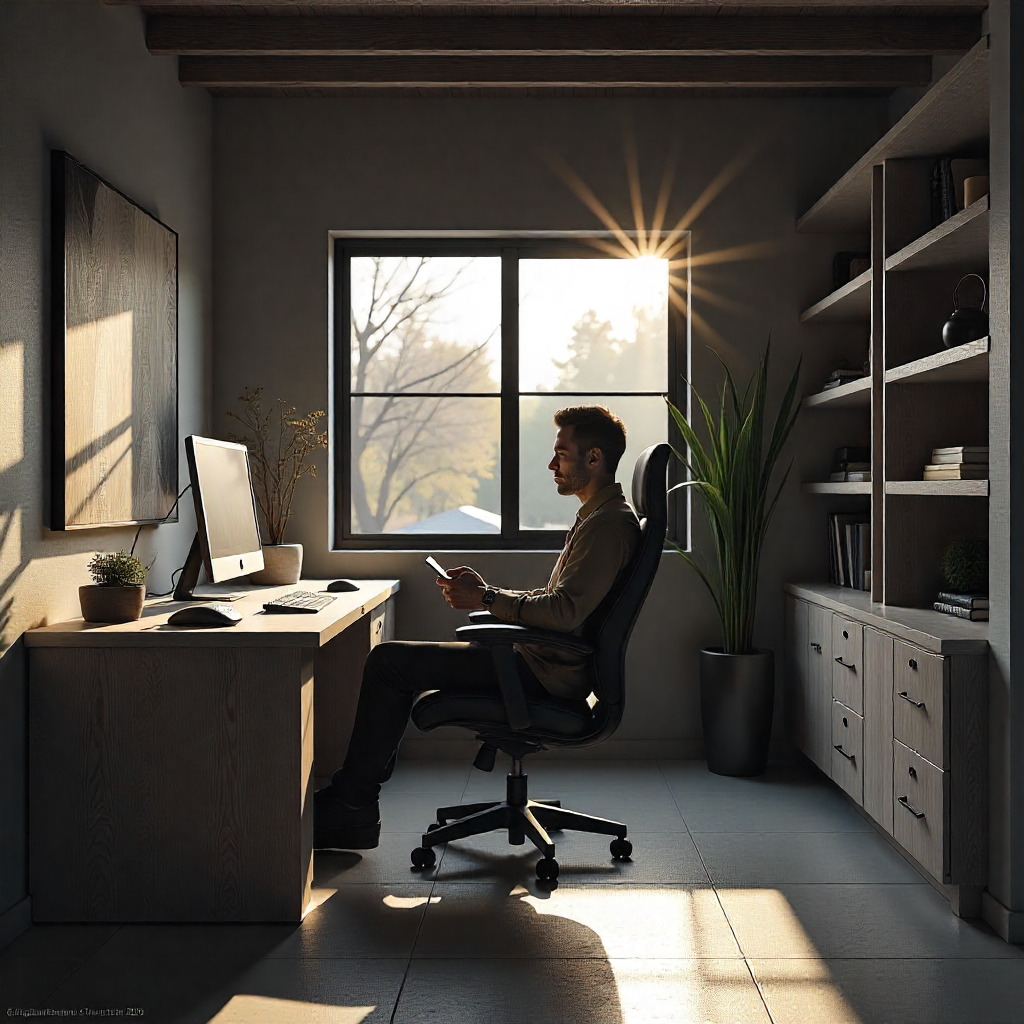 Modern garage renovation, redesigned as a home office, with a minimalist desk, ergonomic chair, a large monitor, and built-in bookshelves, bathed in the warm light of a sunrise on a clear spring morning.