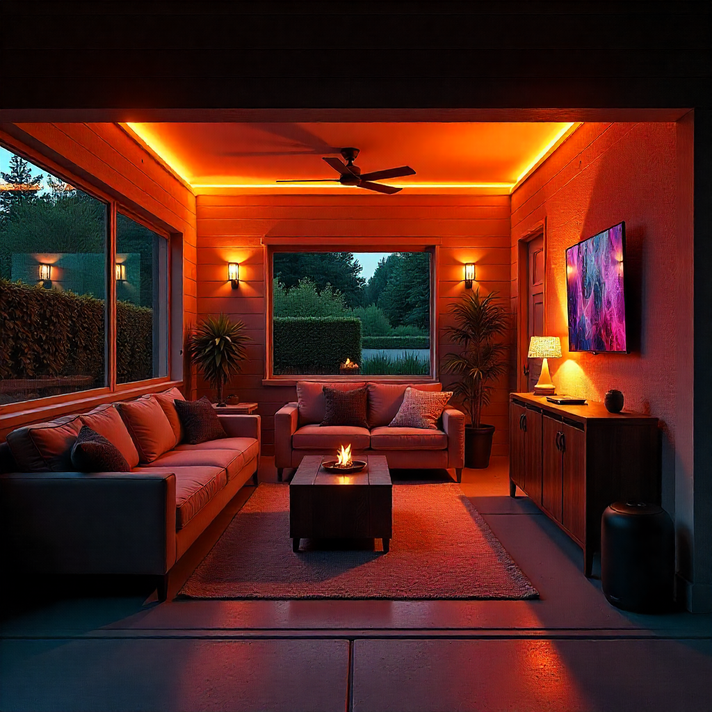 Modern garage renovation, transformed into a lounge, with comfortable seating, a large screen TV, a mini-fridge, and a gaming console, illuminated by soft, colorful LED lights on a clear summer night.