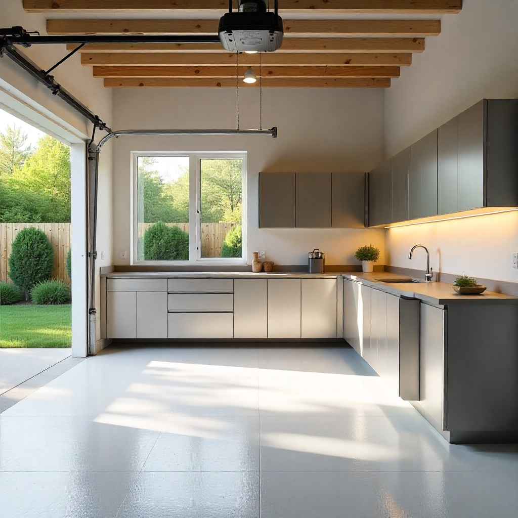 Modern garage renovation, bright and airy, featuring a sleek white epoxy floor, stainless steel storage cabinets, and a workbench with integrated LED lighting, under the soft glow of a late summer afternoon.