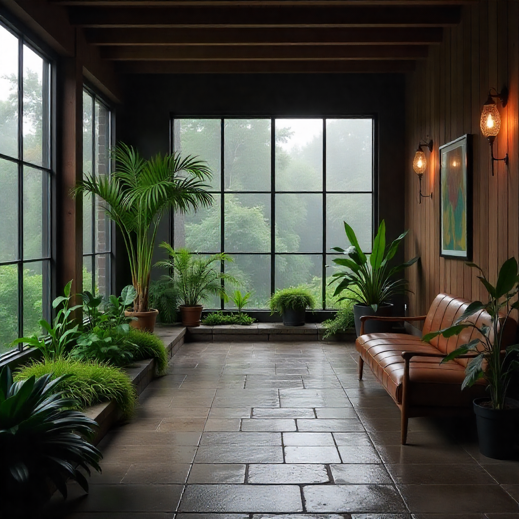 Indoor garden converted from a garage during a foggy autumn afternoon. Misting systems create a humid environment for mosses and shade-loving plants. The floor is covered in natural stone, and the walls are adorned with reclaimed wood panels.