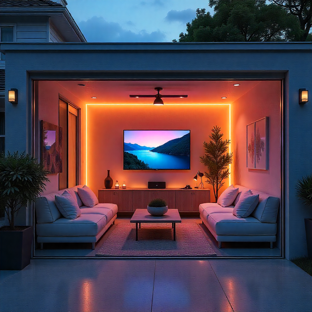 Modern garage renovation, transformed into a lounge, with comfortable seating, a large screen TV, a mini-fridge, and a gaming console, illuminated by soft, colorful LED lights on a clear summer night.