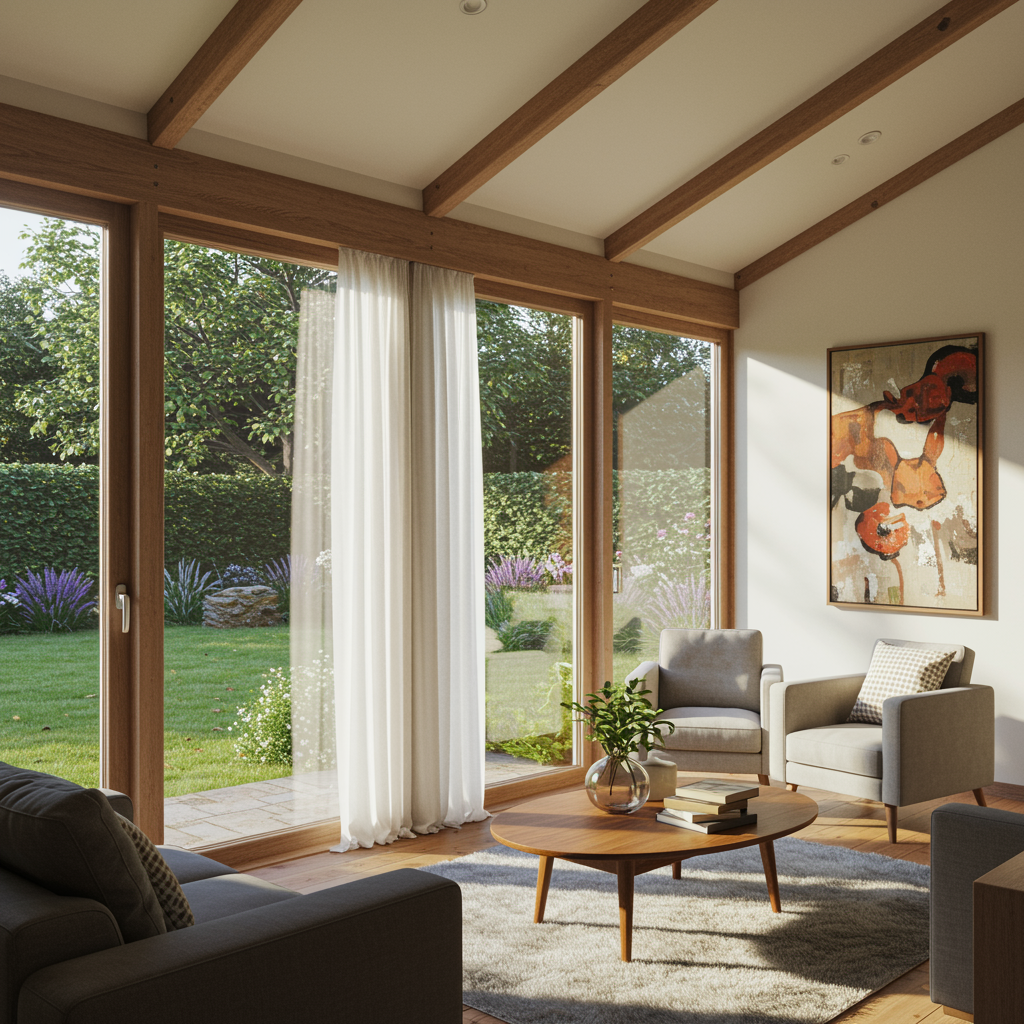Sunlit home addition with large windows, garden view, morning light, inviting atmosphere.