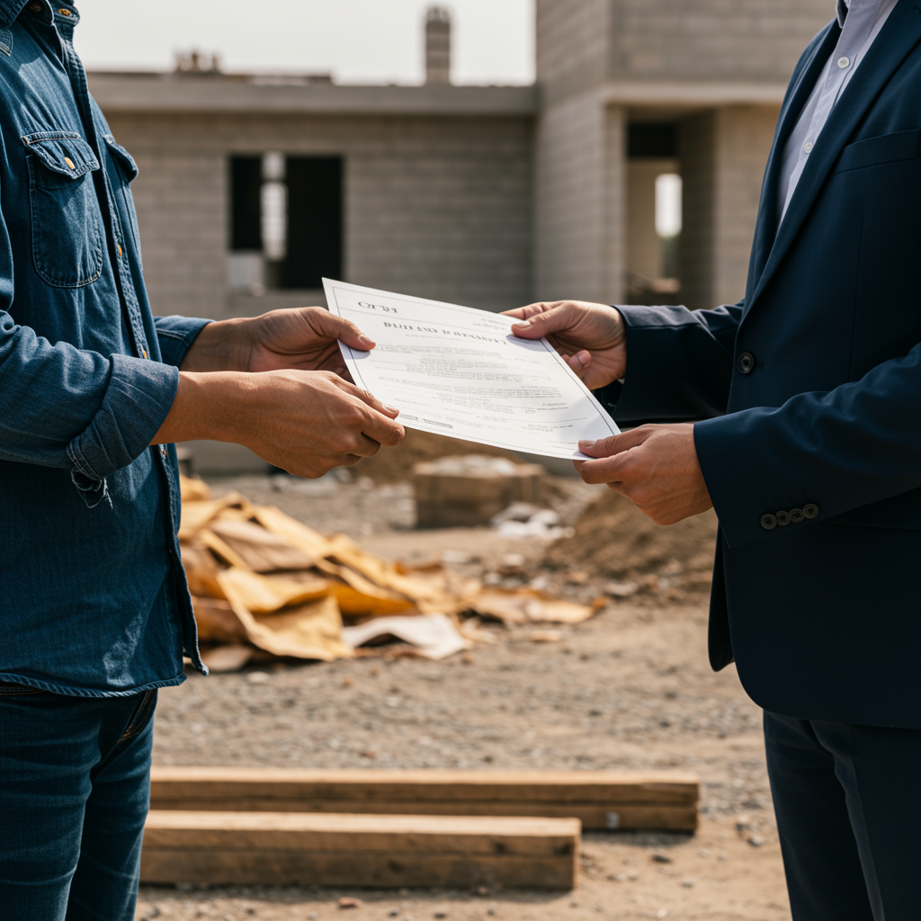 Two people exchanging documents. One is a contractor and the other is a city official. The official is giving the contractor a building permit