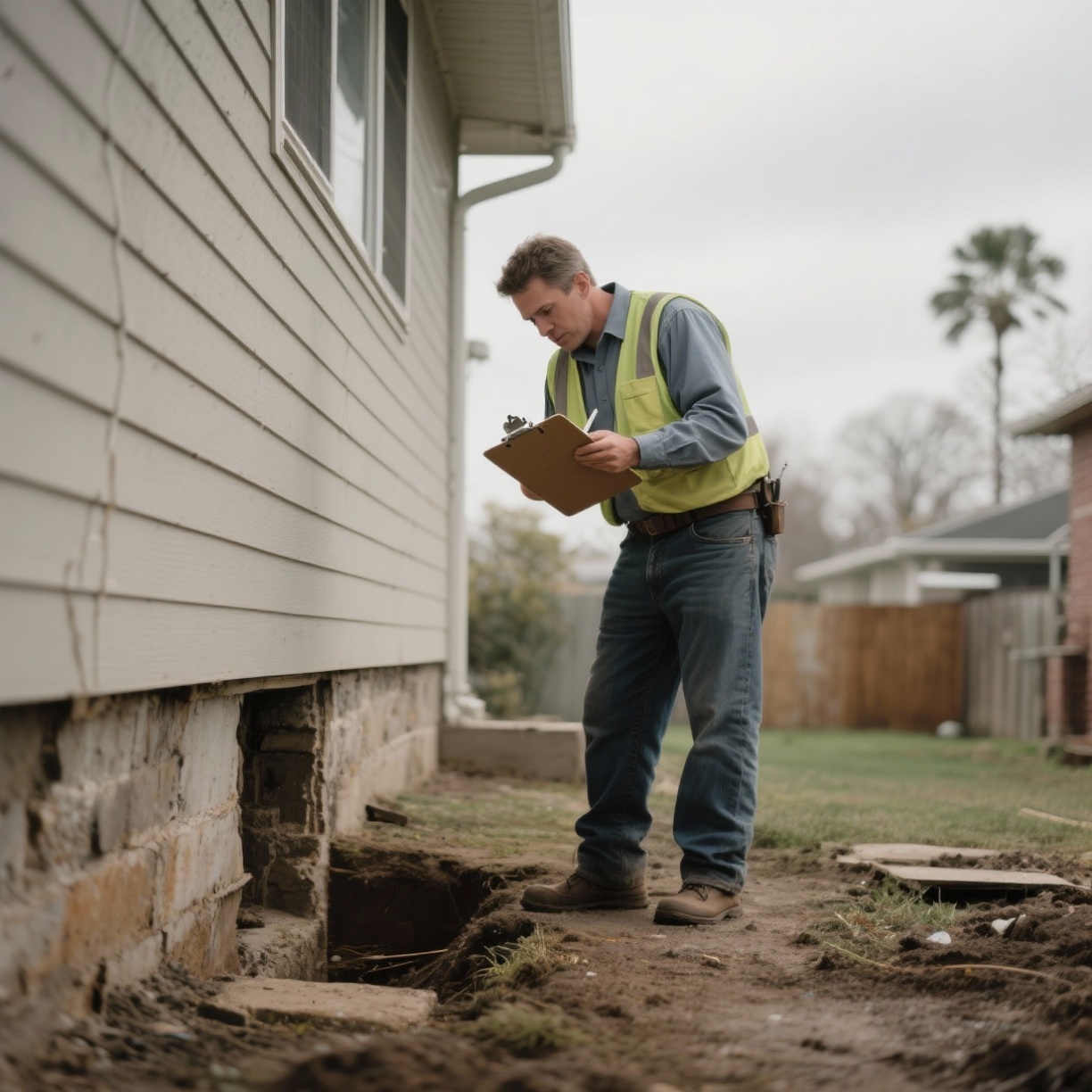 Contractor evaluating a home's foundation with clipboard, overcast day, medium shot, shallow depth of field.