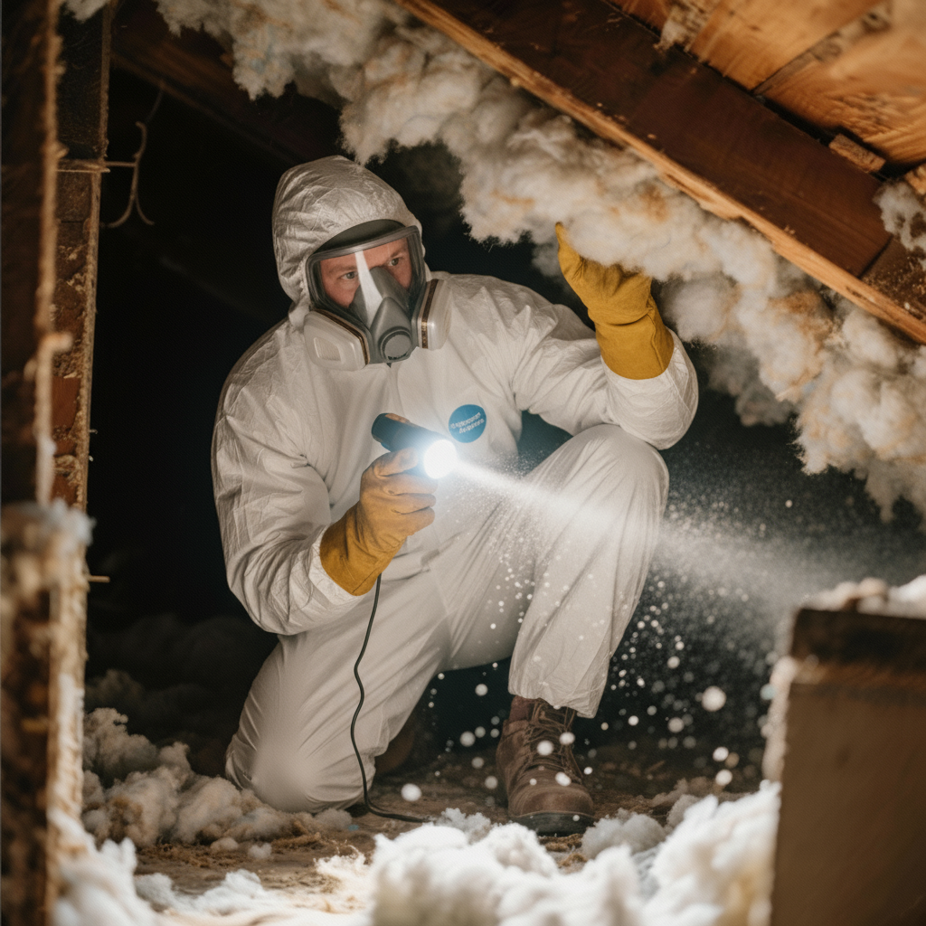A home inspector examines attic insulation with a flashlight, dust motes floating in the beam.