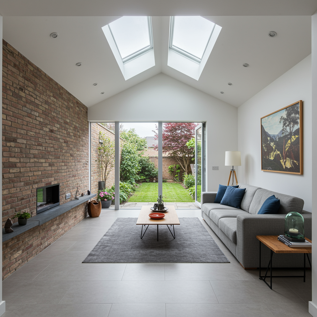 Modern family room addition; sleek design, skylights, minimalist decor, open to a lush garden.