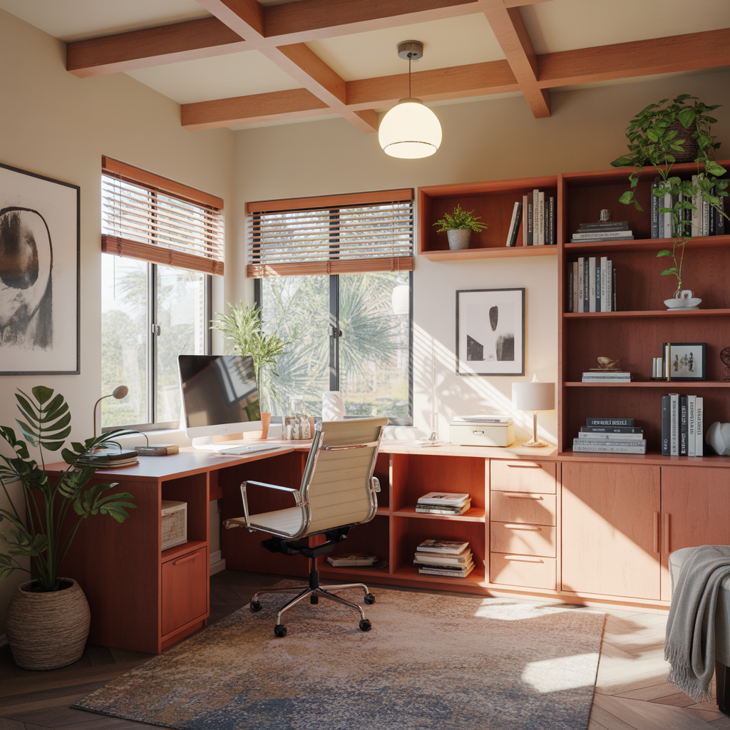 Sunlit home office addition, desk by window, warm wood tones, architectural rendering, plants.
