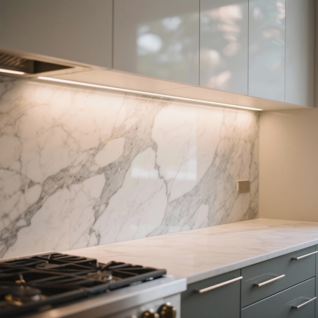 Tight shot of a luxury kitchen backsplash, marble texture, under-cabinet lighting, bokeh background.