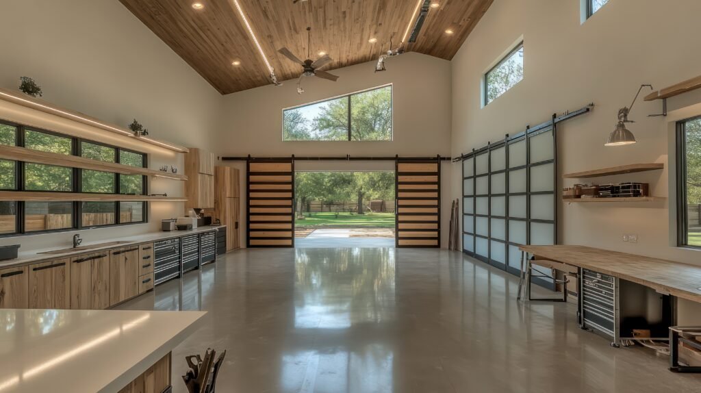 Suburban ranch featuring a large, modern barn-style workshop, with high ceilings and large sliding doors