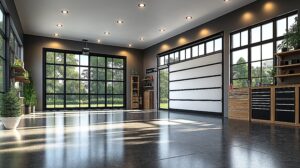Modern garage interior with large windows peaceful garden view. Recessed lighting, stylish minimalist design create inviting, airy atmosphere. Organized storage solutions, comfortable functional.