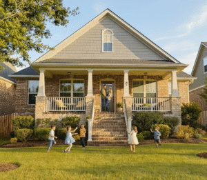 A warm, sunny photo of a family in front of a brick and siding suburban home. Two adults stand in the doorway while five young children play on the green lawn in the foreground.