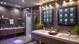 Modern bathroom interior with double sinks and smart technology control panel.