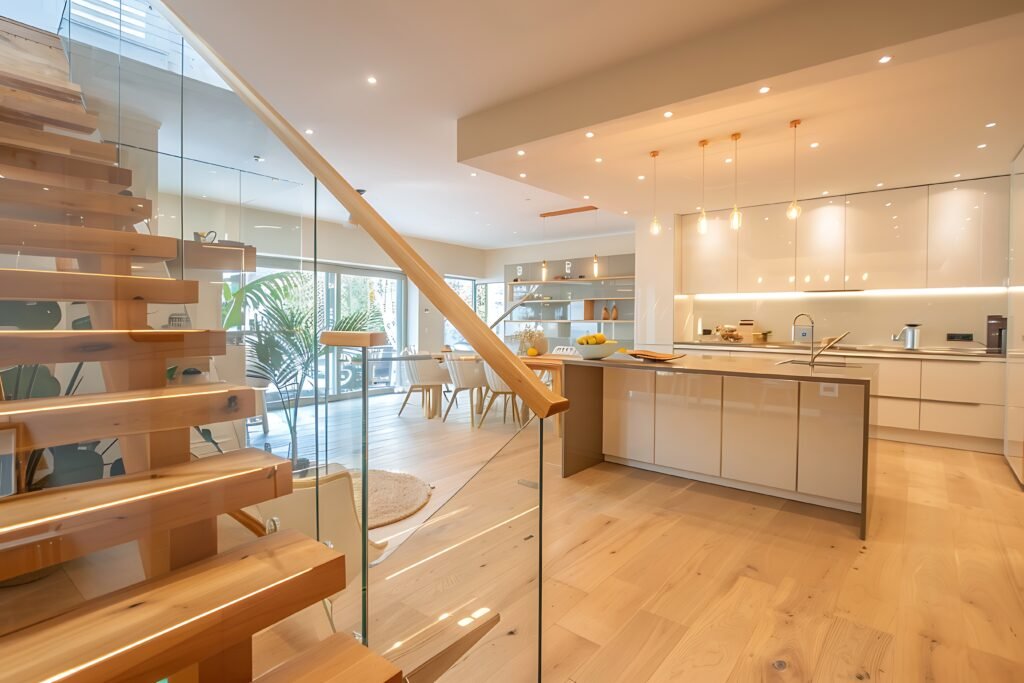 Elegant Scandinavian home featuring glass railings, wooden steps, open space kitchen.